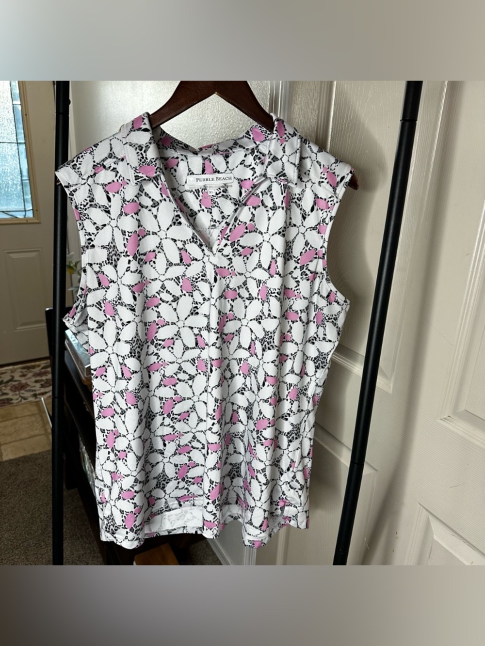 Pebble Beach Golf  Top with Pink and Black Floral Motif